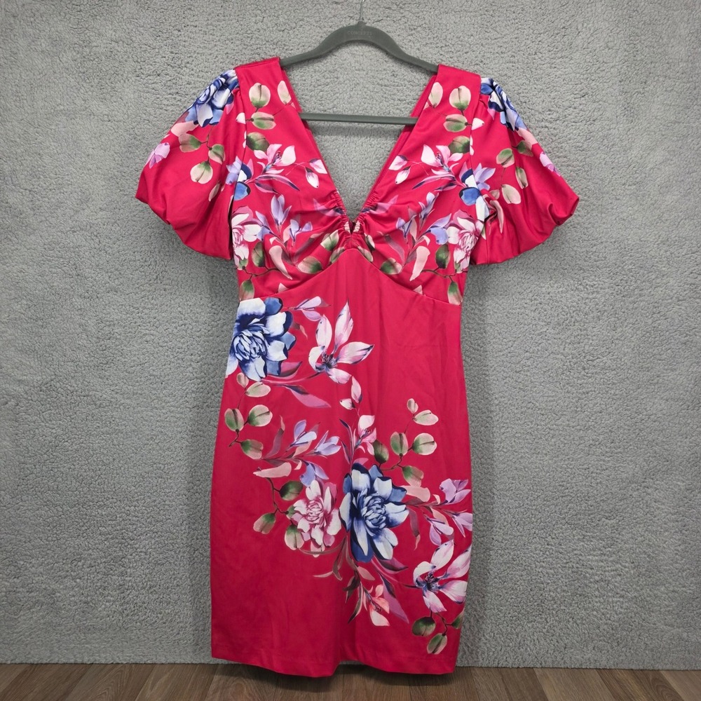 Guess Vibrant Pink Floral V Neck Puff Sleeve Bodycon Mini Dress Size 6